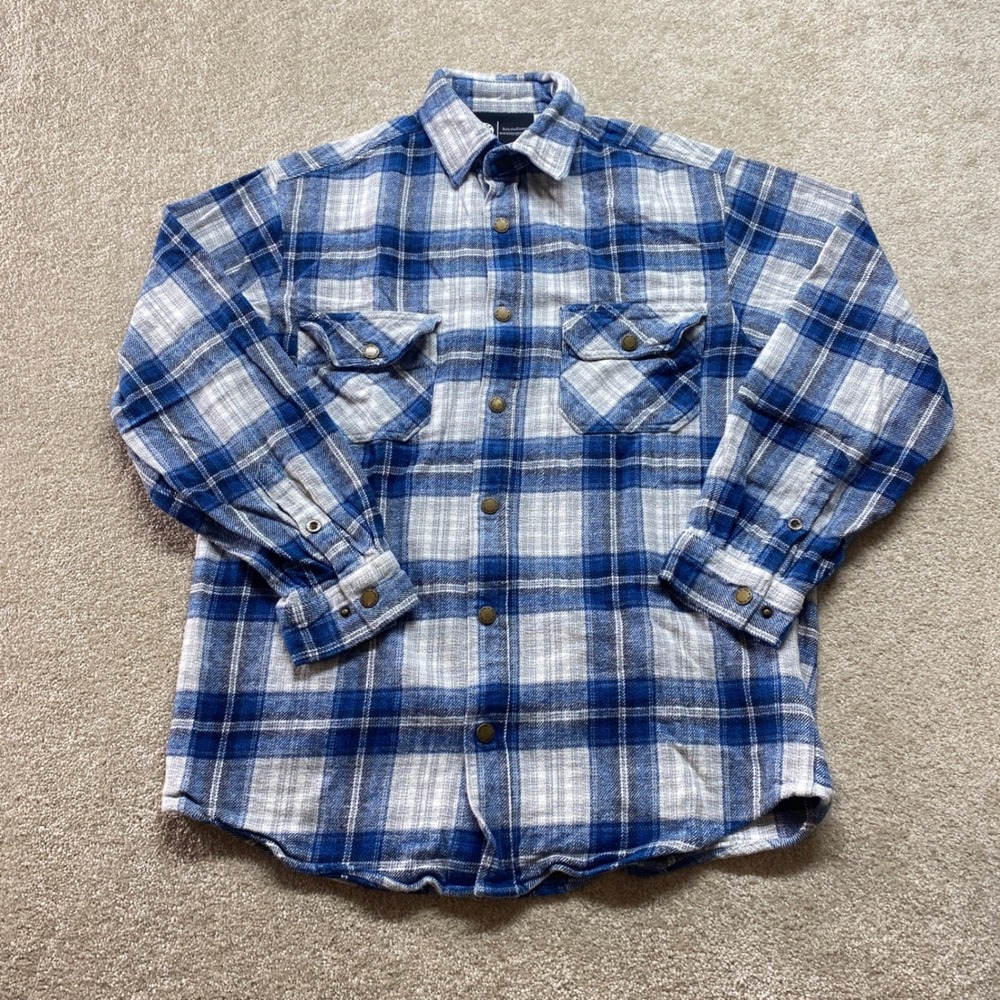 Polar King Flannel Shirt Mens Medium Blue White Plaid Snap Front Cotton Long Slv